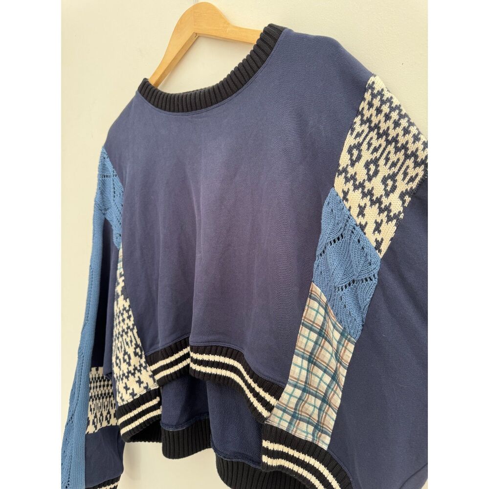 Anthropologie Pilcro Mixed Media Patchwork Cable Knit Sweater Navy L - Picture 2 of 6